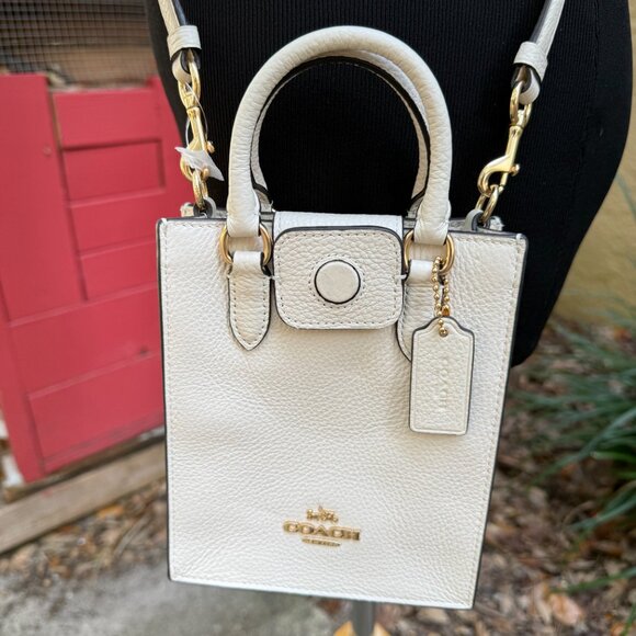 COACH NORTH SOUTH MINI TOTE CROSSBODY BAG Pebbled Leather Chalk White CJ500 New - Picture 1 of 15
